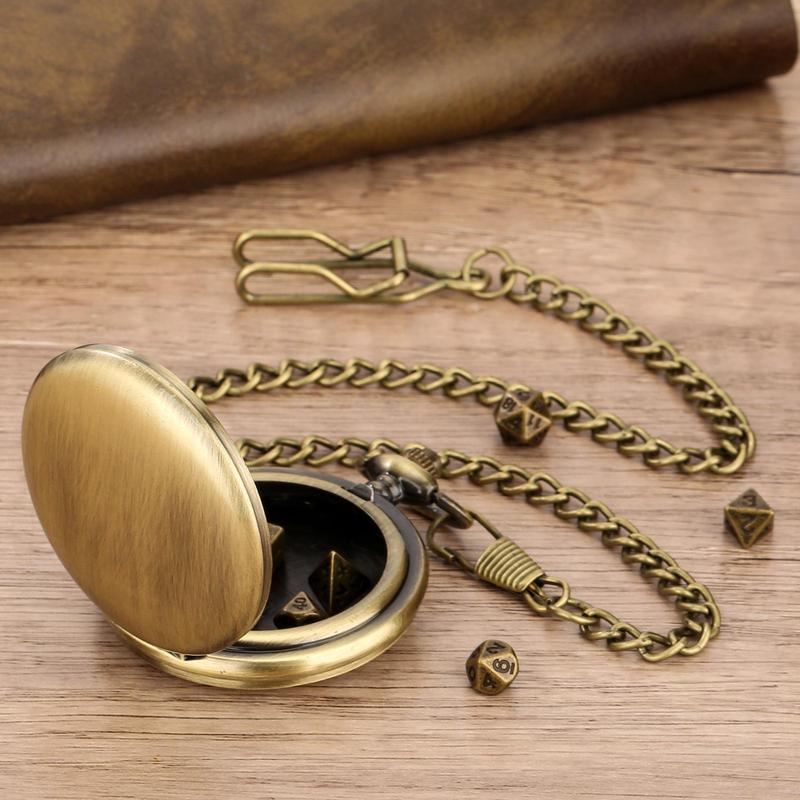 DND Dice Set with Bronze Smooth Pocket Watch Shell Case, 1 Set DND Dice Set with Gift Box, Role Playing Board Games Accessories, Gifts for Kids