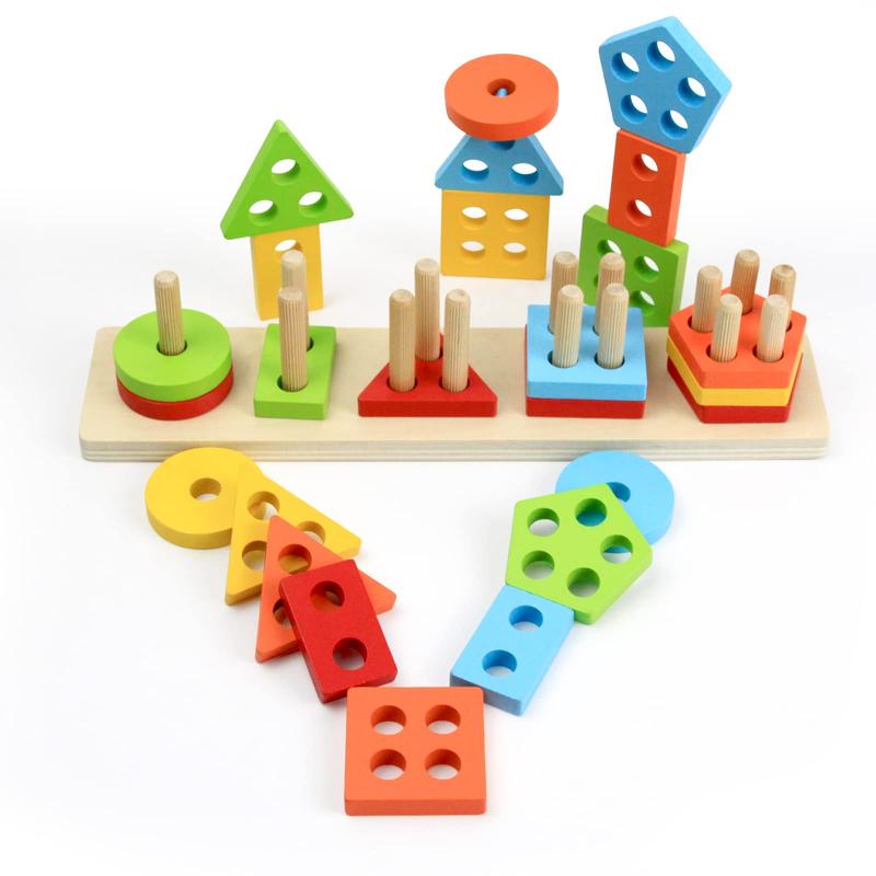 Wooden Sorting & Stacking Toy, Shape Sorter Toys for Toddlers, Montessori Color Recognition Stacker, Early Educational Block Puzzles for Kids Boys and Girls (5 Shapes)
