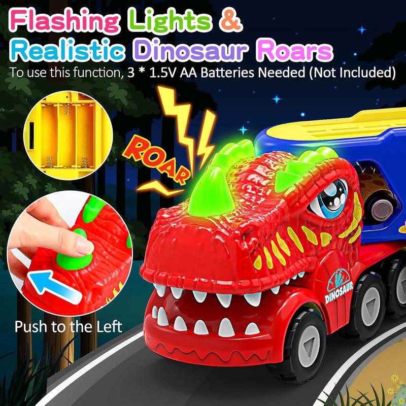 Toys for 1 2 3 4 Year Old Boys Girls, 5 in 1 Toy Trucks for Boys Age 2-3 with 4 Dinosaur Toy Cars for Toddlers 1-3, Friction Powered Kids Boy Toys Dinosaur Truck Toys Gifts with Flashing Light & Sound