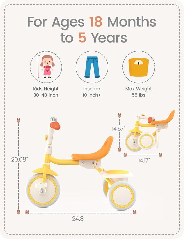 Besrey baby children's balance bike, birthday gift for boys and girls, children's tricycle with bell, Silence Wheels & Soft Seat  Bike forToddler 10-48 Months, pink, yellow, black, green