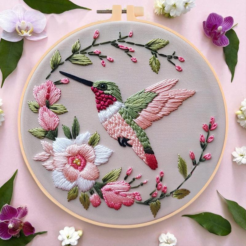 Bird & Flower Pattern DIY Embroidery Kit, 1 Set Embroidery with Hoop Suture Practice Kit for Adults, Handmade Unfinished Products Gifts