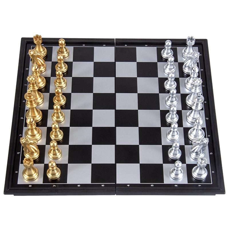 10'' Magetic Travel Chess Set, Plastic Portable Folding Chess Board Game with Gold and Silver Chess Pieces - 2 Extra Queens - Chess for Beginner, Kids, Adults