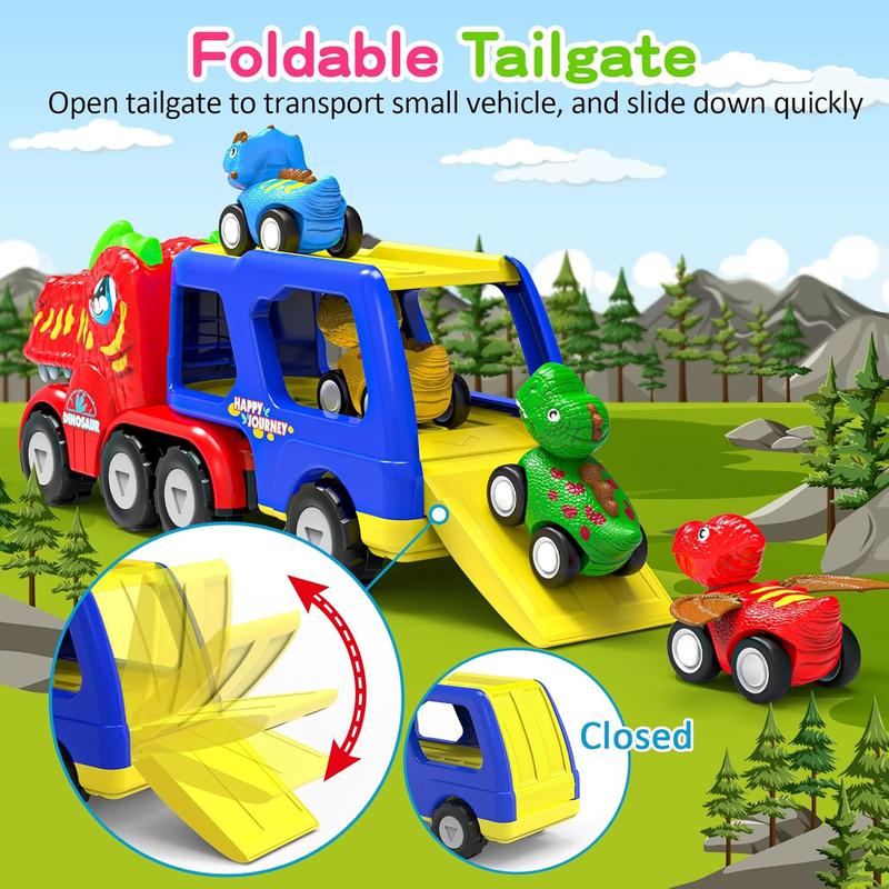 Toys for 1 2 3 4 Year Old Boys Girls, 5 in 1 Toy Trucks for Boys Age 2-3 with 4 Dinosaur Toy Cars for Toddlers 1-3, Friction Powered Kids Boy Toys Dinosaur Truck Toys Gifts with Flashing Light & Sound