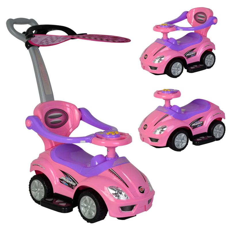 ChromeWheels 3 in 1 Ride on Toys Push Car with Guardrail, Mega Car for Toddlers, w Handle, Horn, Music, Color Red