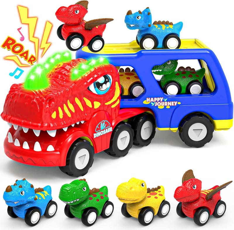 Toys for 1 2 3 4 Year Old Boys Girls, 5 in 1 Toy Trucks for Boys Age 2-3 with 4 Dinosaur Toy Cars for Toddlers 1-3, Friction Powered Kids Boy Toys Dinosaur Truck Toys Gifts with Flashing Light & Sound