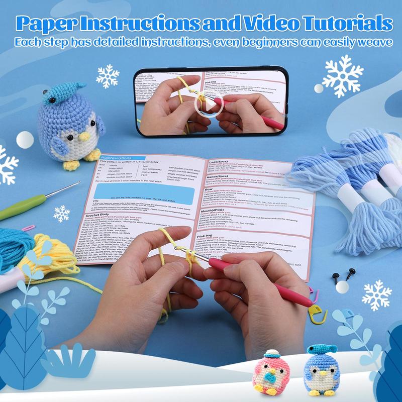 Penguin Design Crochet Kit, 2 Counts set Cute Penguin Crochet Starter Kit, Complete Crochet Animal Kit for Beginners, DIY Craft Kit