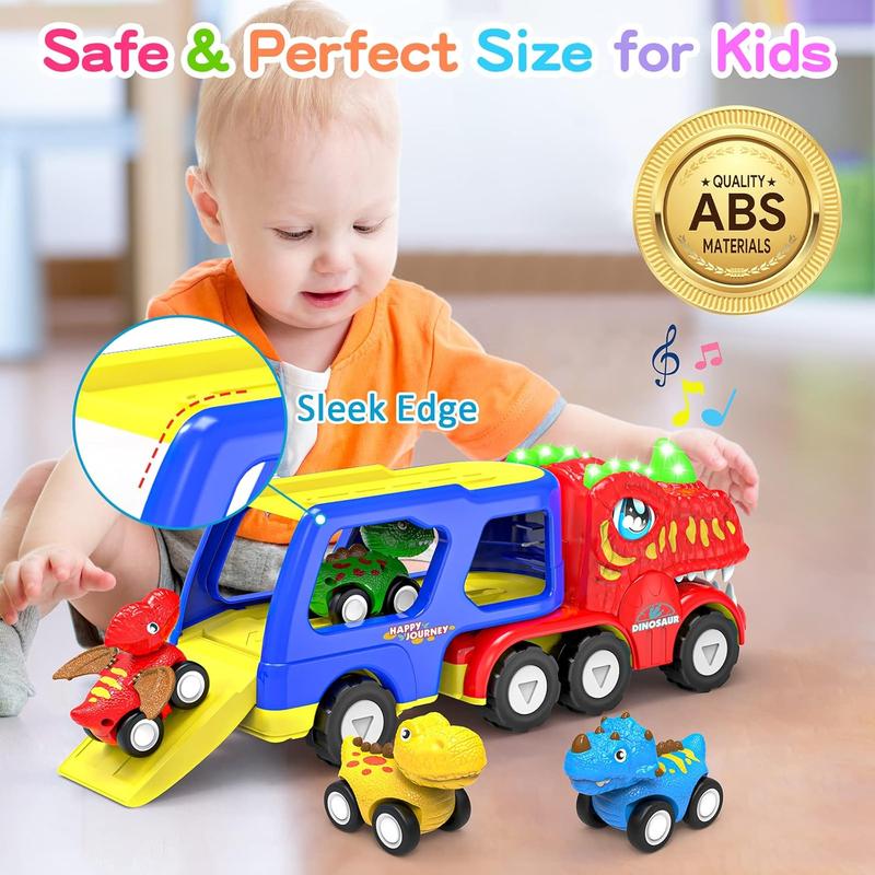 Toys for 1 2 3 4 Year Old Boys Girls, 5 in 1 Toy Trucks for Boys Age 2-3 with 4 Dinosaur Toy Cars for Toddlers 1-3, Friction Powered Kids Boy Toys Dinosaur Truck Toys Gifts with Flashing Light & Sound