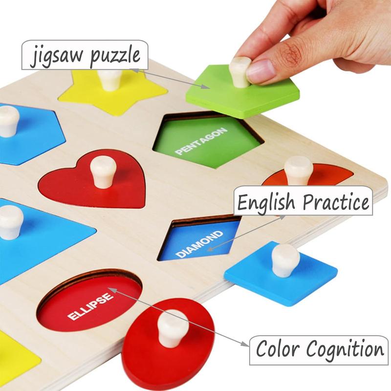 Wooden Shape Peg Jigsaw Puzzle Toys with Knobs  Shape and Color Sorter Learning Activity Toy Gift, Toys for Boys Girls