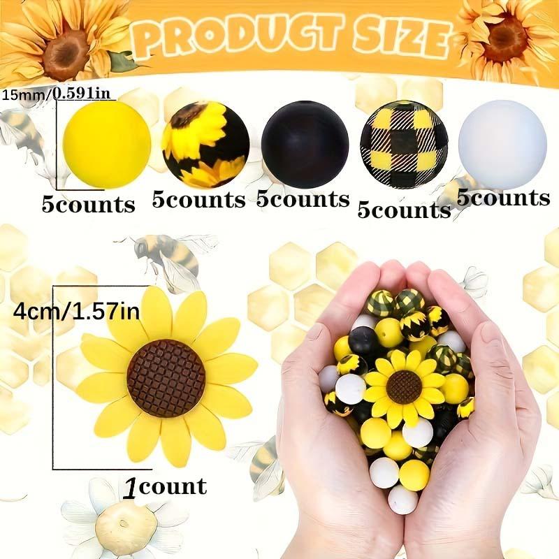 Sunflower & Bee Pattern Bead, 26pcs set DIY Handmade Jewelry Making Supplies, Bead for DIY Bracelet Necklace Keychain