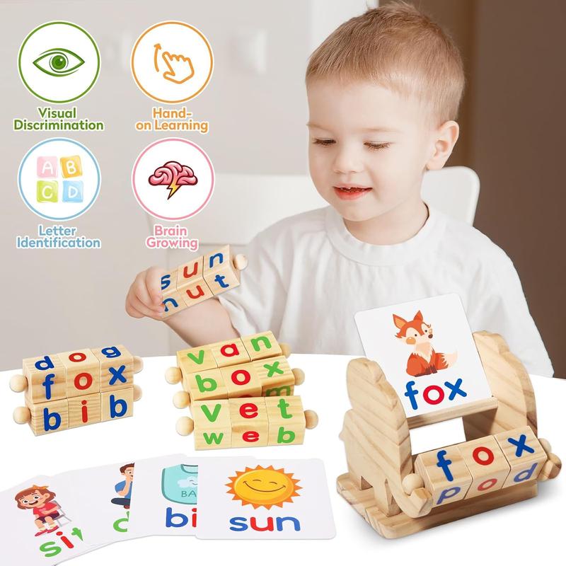 Christmas gift Montessori Learning Toys for Kids Ages 3-5: Wooden Reading Blocks and Rotating Flash Card Games Christmas gift