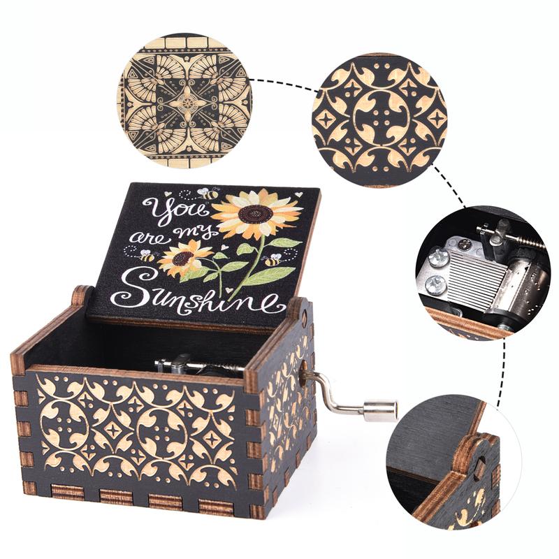 You are My Sunshine Wood Music Boxes, Laser Engraved Vintage Wooden Sunshine Hand Crank Musical Box Gifts for Birthday Christmas Anniversary tonie figur
