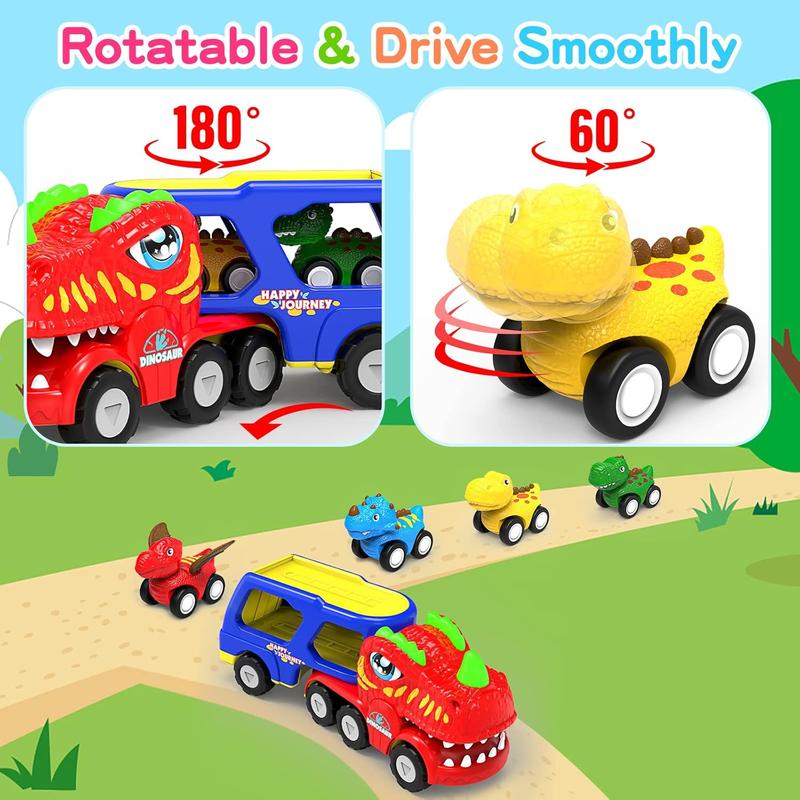 Toys for 1 2 3 4 Year Old Boys Girls, 5 in 1 Toy Trucks for Boys Age 2-3 with 4 Dinosaur Toy Cars for Toddlers 1-3, Friction Powered Kids Boy Toys Dinosaur Truck Toys Gifts with Flashing Light & Sound