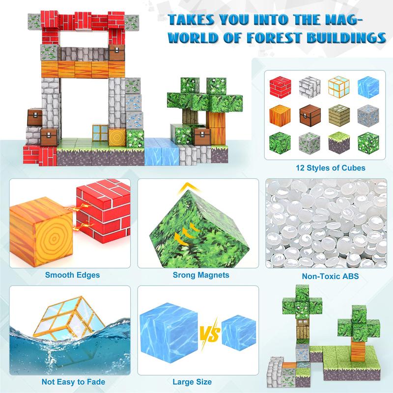102-piece Magnetic Brick World Set for Kids - Pixel Magnet Building Block Toy for Kids 3+, Miner Forest Educational Sensory Game - Christmas Halloween Birthday Gift for Boys and Girls