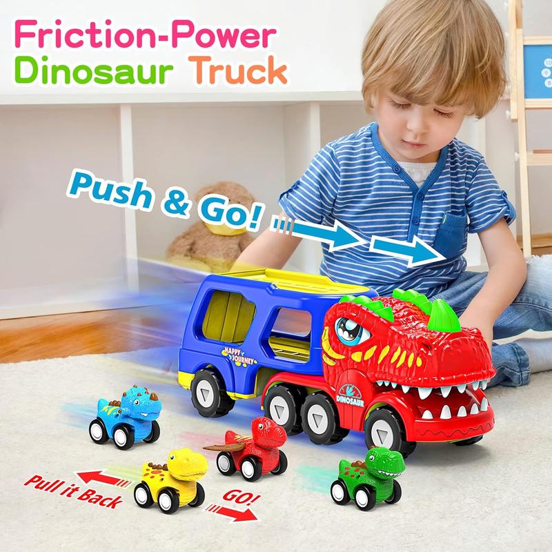 Toys for 1 2 3 4 Year Old Boys Girls, 5 in 1 Toy Trucks for Boys Age 2-3 with 4 Dinosaur Toy Cars for Toddlers 1-3, Friction Powered Kids Boy Toys Dinosaur Truck Toys Gifts with Flashing Light & Sound
