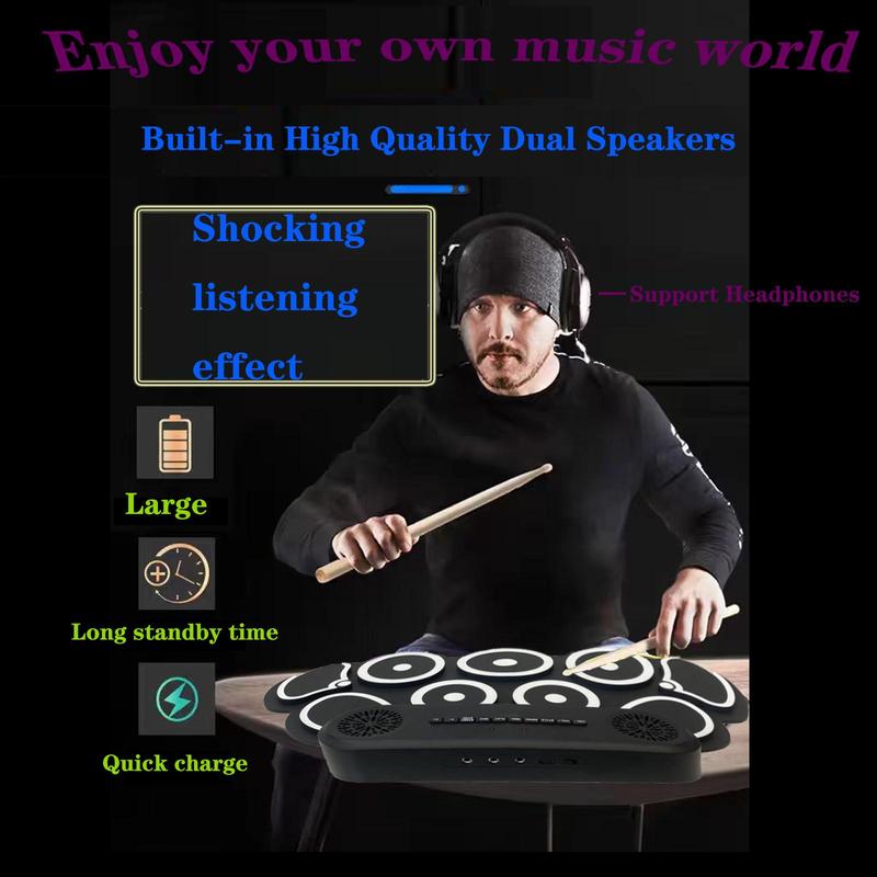 Electronic Drum Set, 9 Drum Practice Pad with Headphone Jack, Roll-up Drum Pad Machine, Built-in Speaker Drum Pedals Drum Sticks