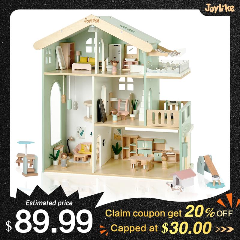 Joylike Wooden Doll Room, With Wooden Furniture, All Wooden Play House.