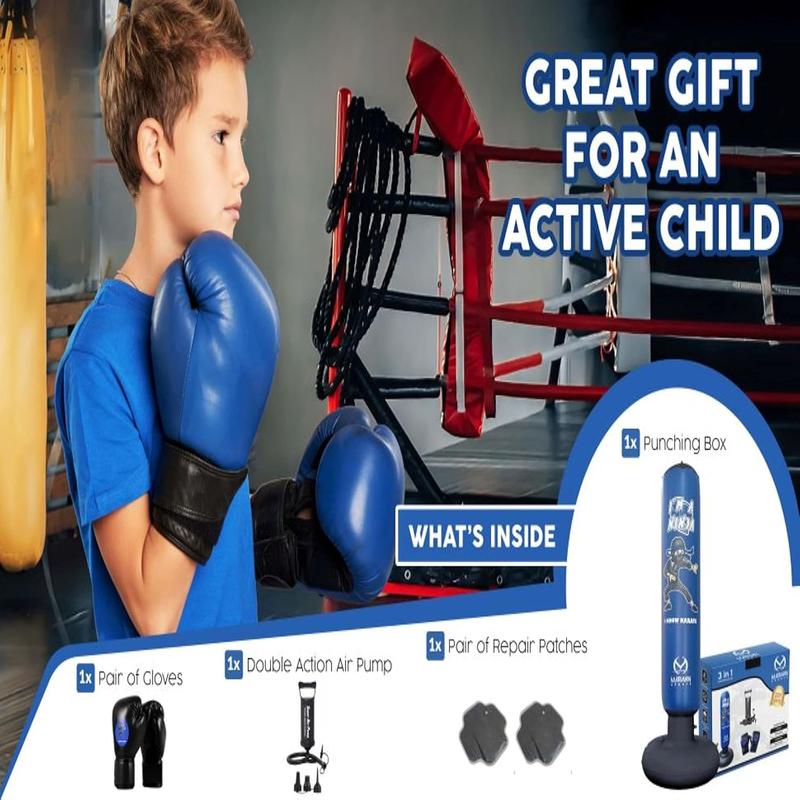 2024 Upgraded 5-in-1 Kids Punching Bag Set – Inflatable Boxing Bag Toy with Instant Bounce Back, Gloves, Air Pump, Protective Base Cover & Funnel, Gift for Boys Age 3-12
