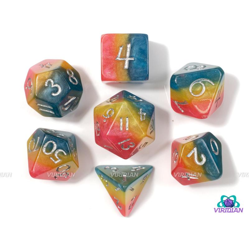 Shimmery Pansexual Pride | Layered Pink, Yellow, Cyan, Pansexual Flag, Cut Corners, Ace LGBTQ+ Themed | Resin Dice Set (7)