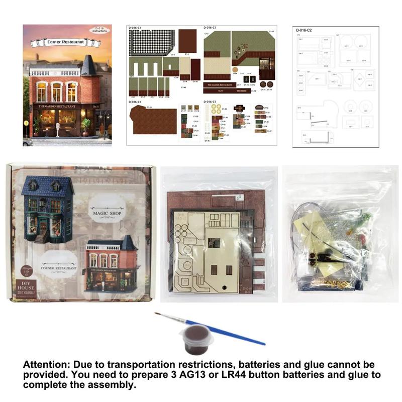 3D Corner Western Restaurant Building Blocks, Wooden DIY Miniature House Kit Set, Mini Creative House LED Handmade Home Decoration Handcraft