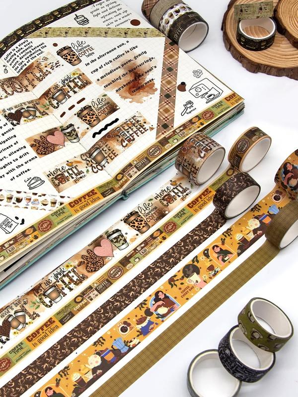 Vintage Crafts Coffee Themed Washi Tape Set - 14 Rolls for Scrapbooking Supplies