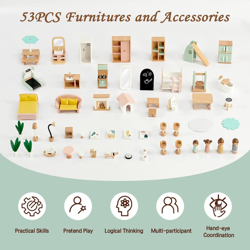 Joylike Wooden Doll Room, With Wooden Furniture, All Wooden Play House.