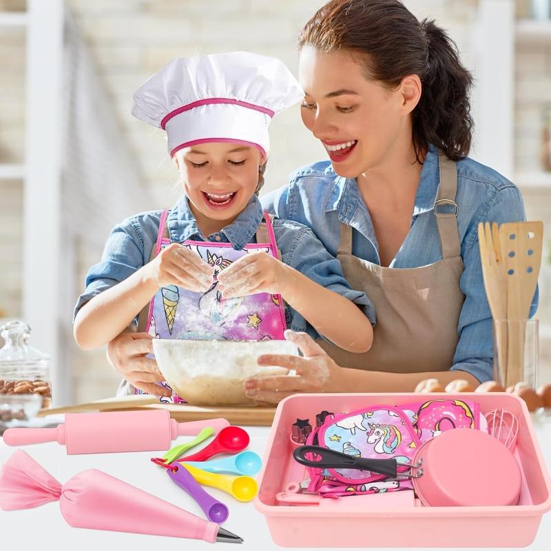 Christmas Kids Cooking and Baking Set with Storage Case Complete Cooking Supplies Kids Baking Kit Pretend Play Cooking Toys Unicorn Apron and Chef Hat for Girls & Boys