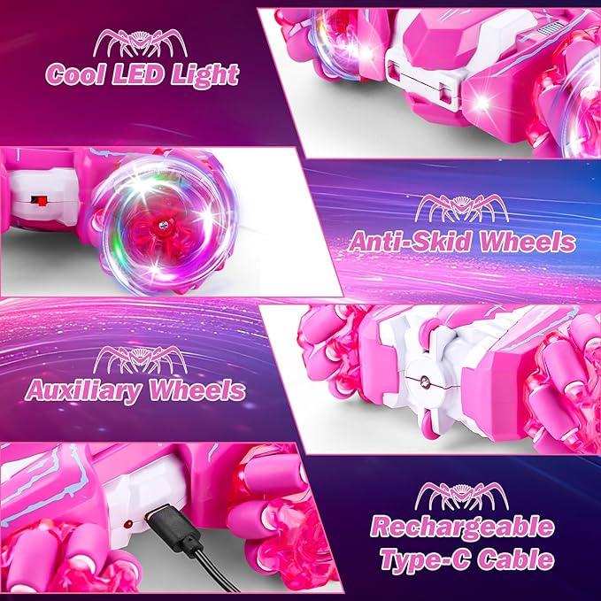 Pink Spider Remote Control Car - 2.4Ghz Double Sided with LED Light. 360° Rotating RC Drift Car, 4WD Rechargeable RC Stunt Car