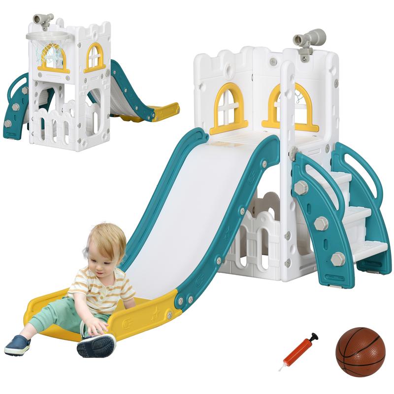 Qaba Toddler Slide, Indoor Kids Slide Playset with Basketball Hoop, Climber, Telescope, Storage Baskets for 1-3 Years Olds, Yellow