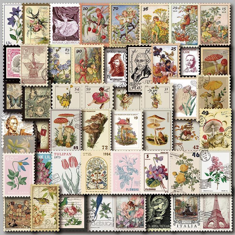 Random Cartoon Flower & Character Pattern Stamp Sticker, 50pcs Waterproof DIY Decoration For Scrapbooking, Crafts And Room Wall Decor, Scrapbooking Supplies