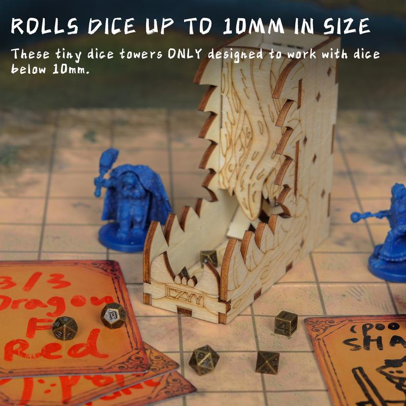 DND Mini Dice Tower Rolls Dice Up to 10mm, Set of 3 Wood Portable Dice Roller for Board Game, D&D and Tabletop RPG