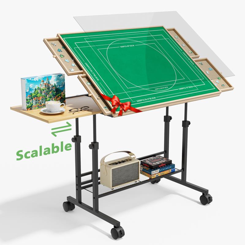 Puzzle Table with Drawers for 1500 Piece, Jigsaw Puzzle Wooden Board with Retractable Legs, Adjustable 5-Tilting-Angle, Cover Included, Christmas Gift