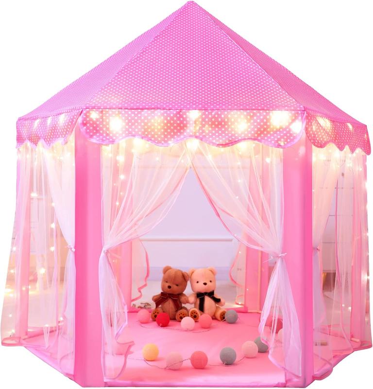 stle Tent for Girls - Pink Hexagon Playhouse with Fairy Star Lights, Indoor Outdoor Kids Play Tent, Perfect Christmas Gift for Toddlers & Children