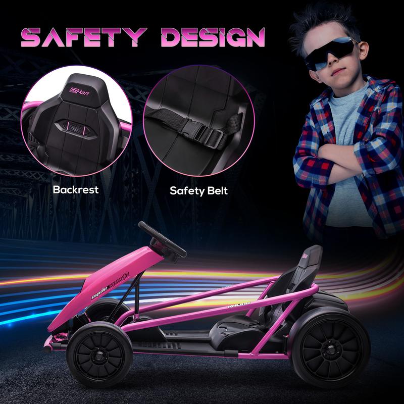 Aosom 24V 8.1 MPH Electric Go Kart, Drifting Car Battery Powered Ride on Toy Outdoor with Slow Start, Music, Horn Honking and Safety Belt, for 8-12 Years Old
