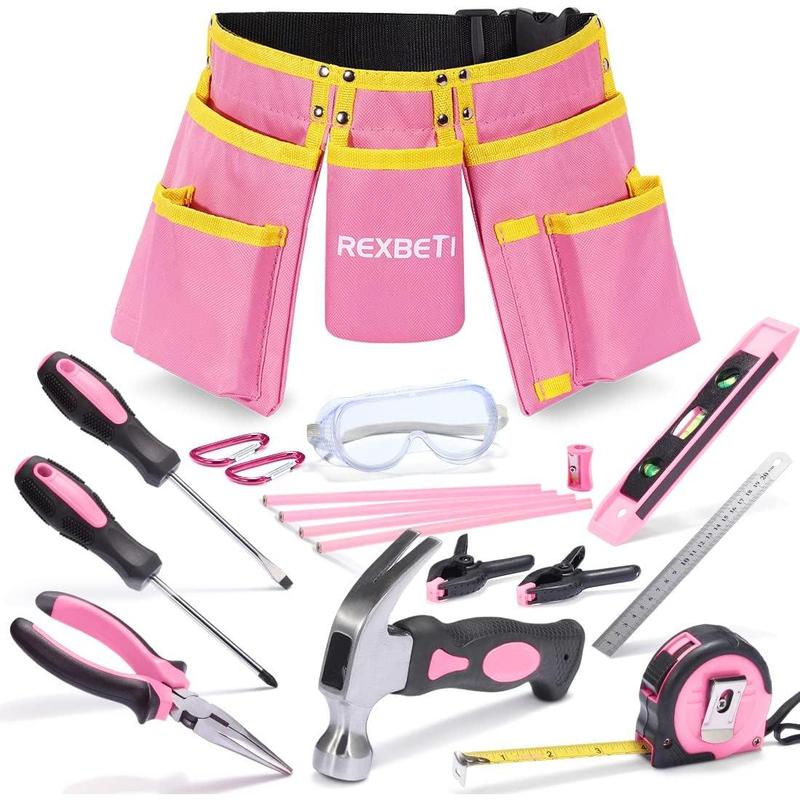 REXBETI 18pcs Pink Young Builder's Tool Set with Real Hand Tools, Reinforced Kids Tool Belt, Waist 20