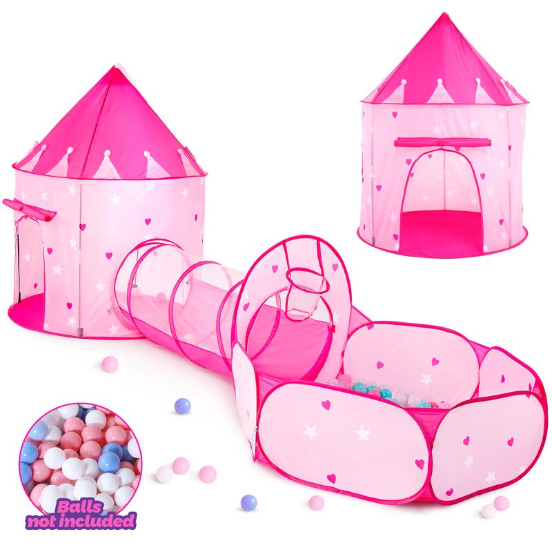 3pc Pink Play Tent Ball Pit for 4-12 Years with Tunnel Pop up Princess Toys Indoor Outdoor Game indoor tent pit tunnel crawl tunnel