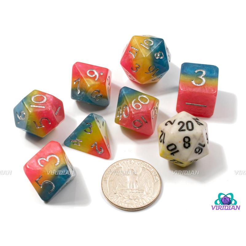 Shimmery Pansexual Pride | Layered Pink, Yellow, Cyan, Pansexual Flag, Cut Corners, Ace LGBTQ+ Themed | Resin Dice Set (7)
