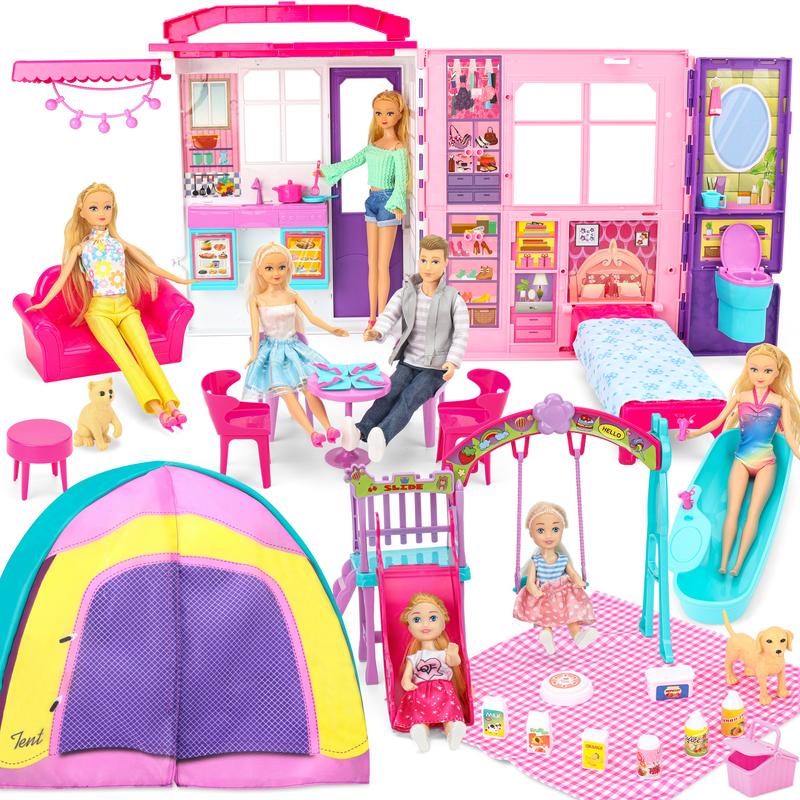 Foldable Dollhouse w  60+ Pcs & 2 Dolls, Play House Toy with Bedroom Kitchen Furniture Camping Playset, Playhouse Birthday Gift for Girl Kid Toddler