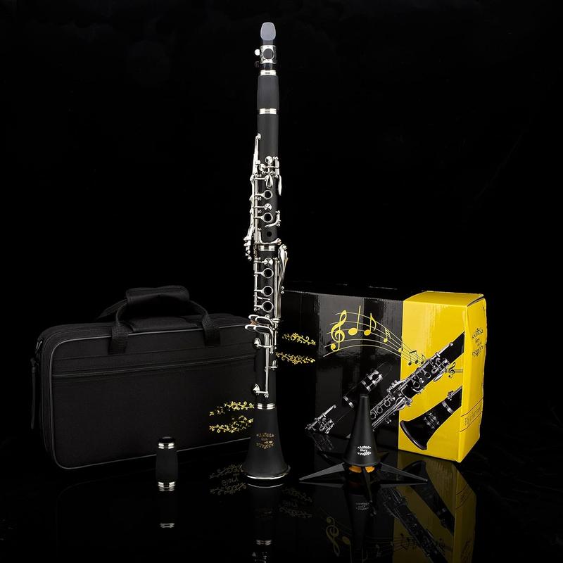 GLY-PBK Professional Ebonite Bb Clarinet with 10 Reeds, Stand, Hard Case, Cleaning Cloth, Cork , Mouthpiece Brush and Pad Brush, Black