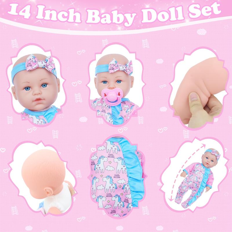 14 Inch Baby Doll with Clothes and Accessories, Including Reborn Alive Doll, Jumpsuit, Hat, Pacifier, Bottle, Towel for Toddlers Age 3+