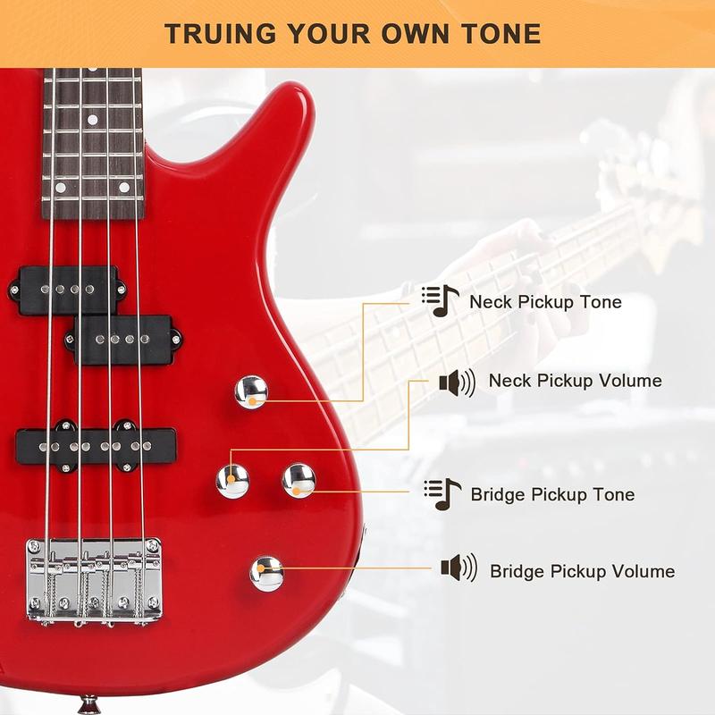 Electric Bass Guitar Full Size 4 String Exquisite Stylish Bass with Power Line, Bag and Wrench Tool, Red