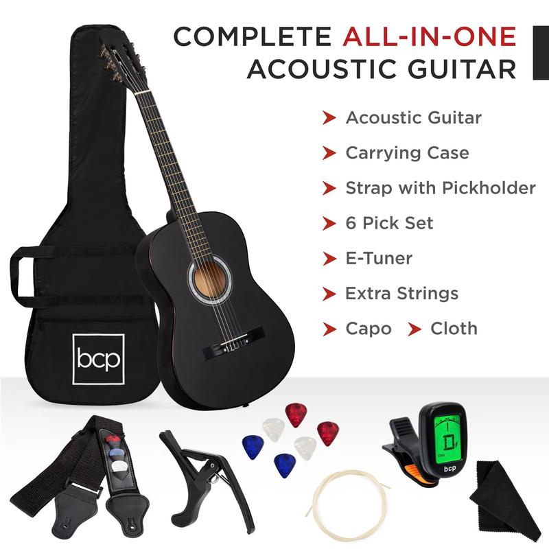 38in Beginner Acoustic Guitar Starter Kit w  Gig Bag, Strap, Strings - Matte Black
