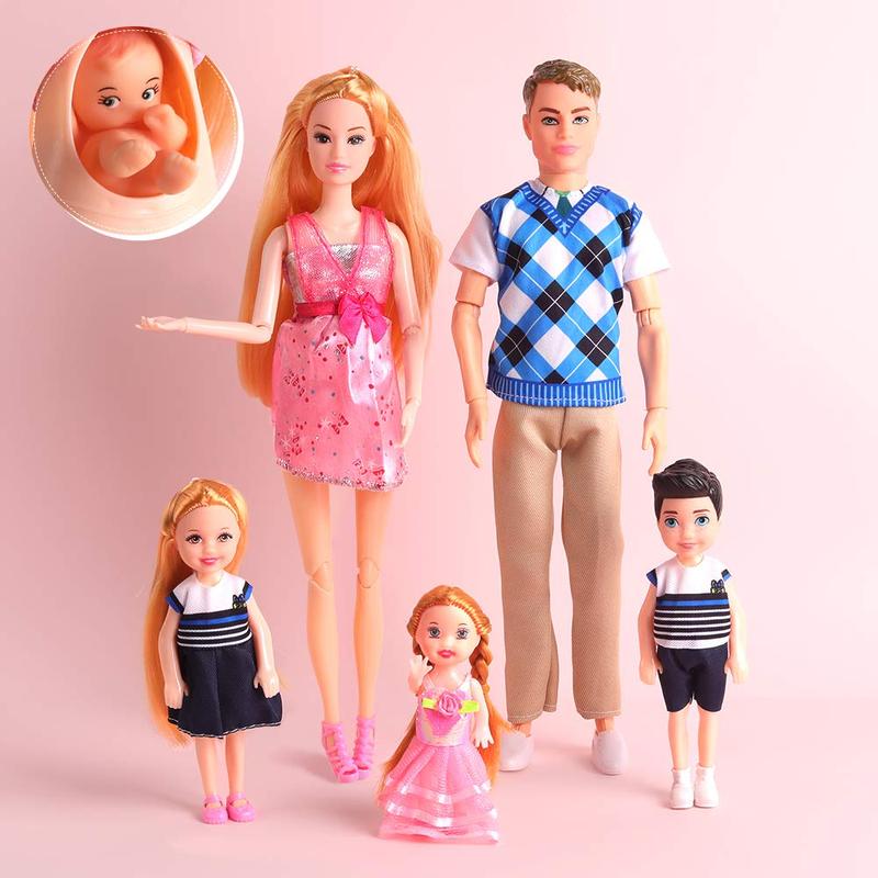 UCanaan Family Dolls Set of 6 People with Dad Pregnant Mom 3 Kids and Baby Boy in Mommy's Tummy and 70 Pcs Accessories for Education and Birthday Day Gift