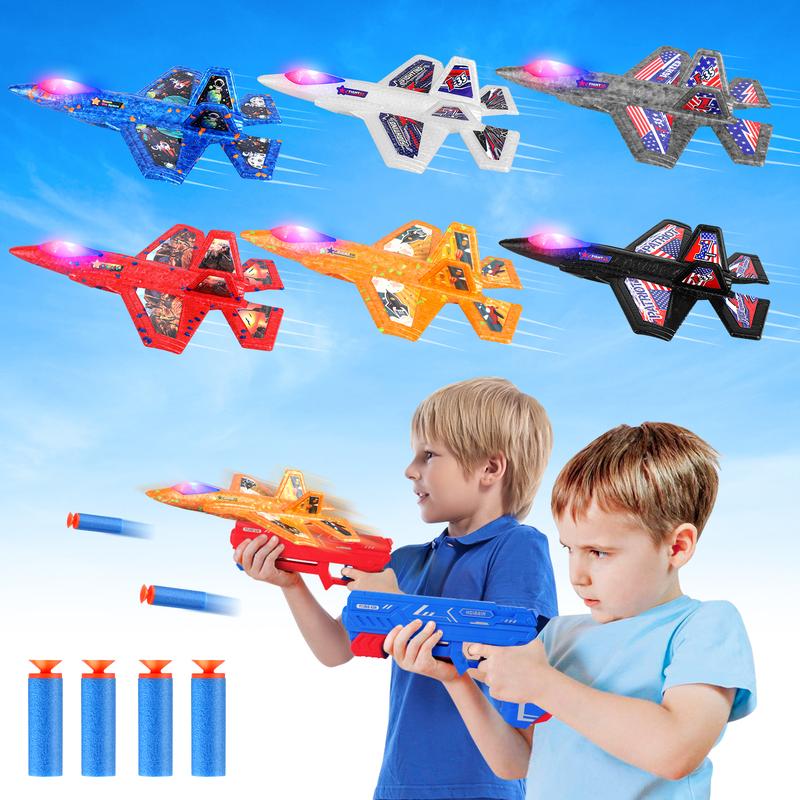 6 Pack Airplane Launcher Toy with 2 Launcher,F-35 Foam LED Catapult Plane with 6 Stickers Kids Flying Toy,3 4 5 6 7 8 9 10 11 12 Year Old Boys Girls Gifts,Outdoor Sport Party Favor