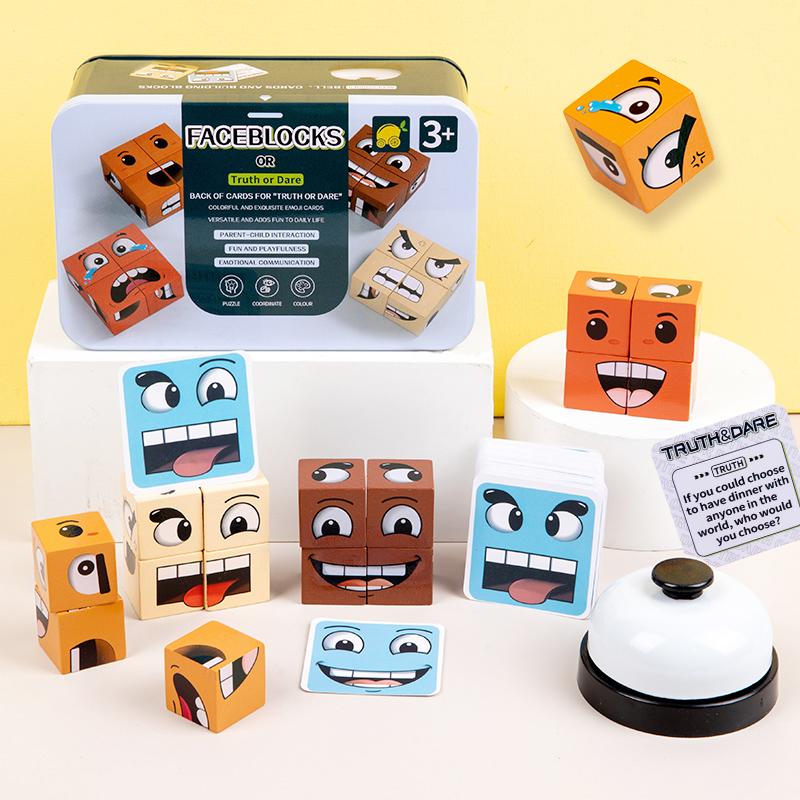 Face Change Cube Game, Wonderful Face Blocks Wooden Face Changing Magic Cube Game with Bell Mini Expression Puzzle Building Blocks Game Kids Toy Boys Girl