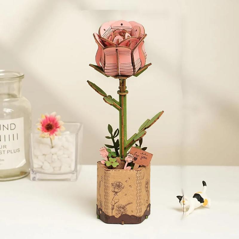 Robotime Wowood 3D Flower Wooden Puzzles for Adults-Pink Rose, DIY Wooden Flowers Model Kit Building Set Crafts for Adults to Build, Botanical Collection Ideal Creative Gift Ideas Housewarming (104PCS) TW-041 Pink Rose