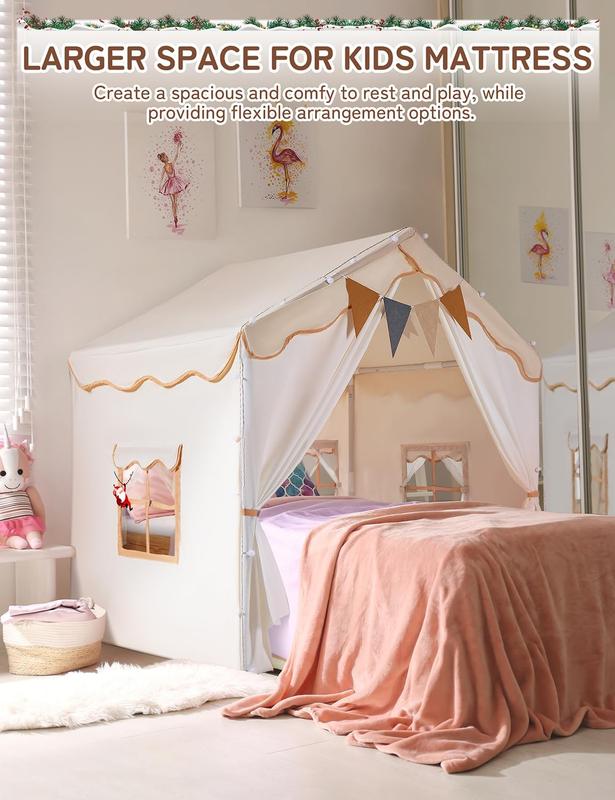 besrey Kids Tent, Kids Playhouse 2 in 1 with Padded Mat and Lights, Large Play House with 2 Doors & 4 Windows, Kids Play Tent Indoor & Outdoor, Christmas Toddler Tent for Kids, 51