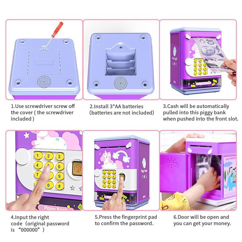 Mini Simulation Electronic ATM Machine, Piggy Bank Toy with Password & Fingerprint Unlocking, Money Saving Toy for Kids
