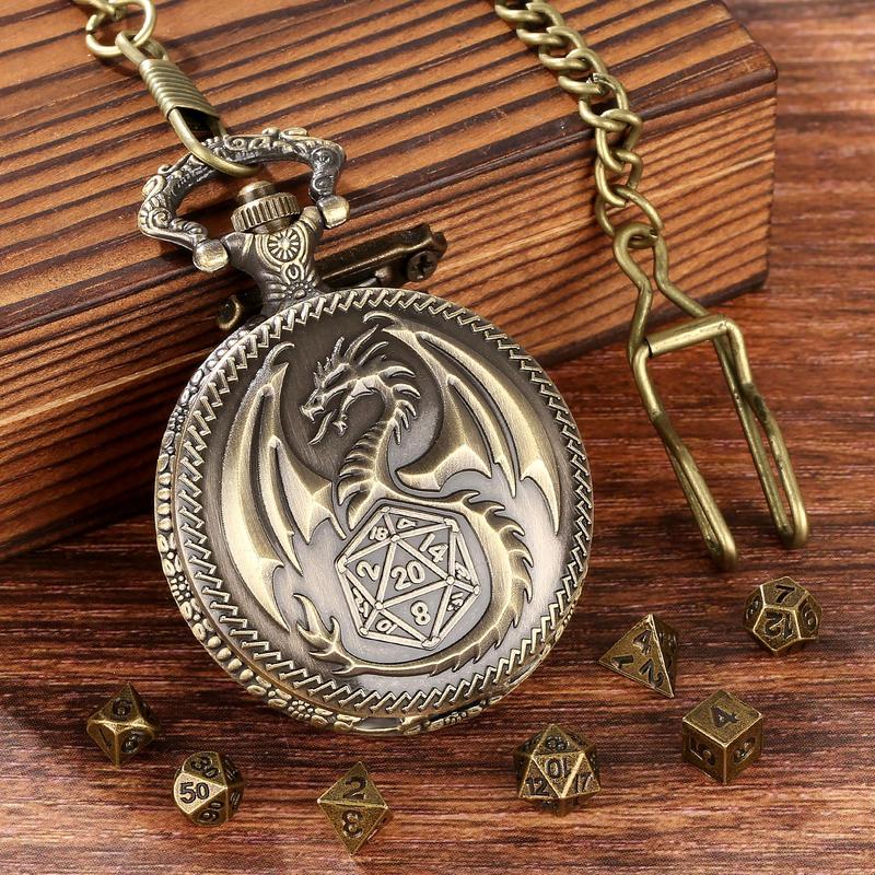 Dragon Pattern Pocket Watch & Dice Set, Including 1 Count Watch & 7 Counts Dice for Games, Role Playing Board Games Accessories