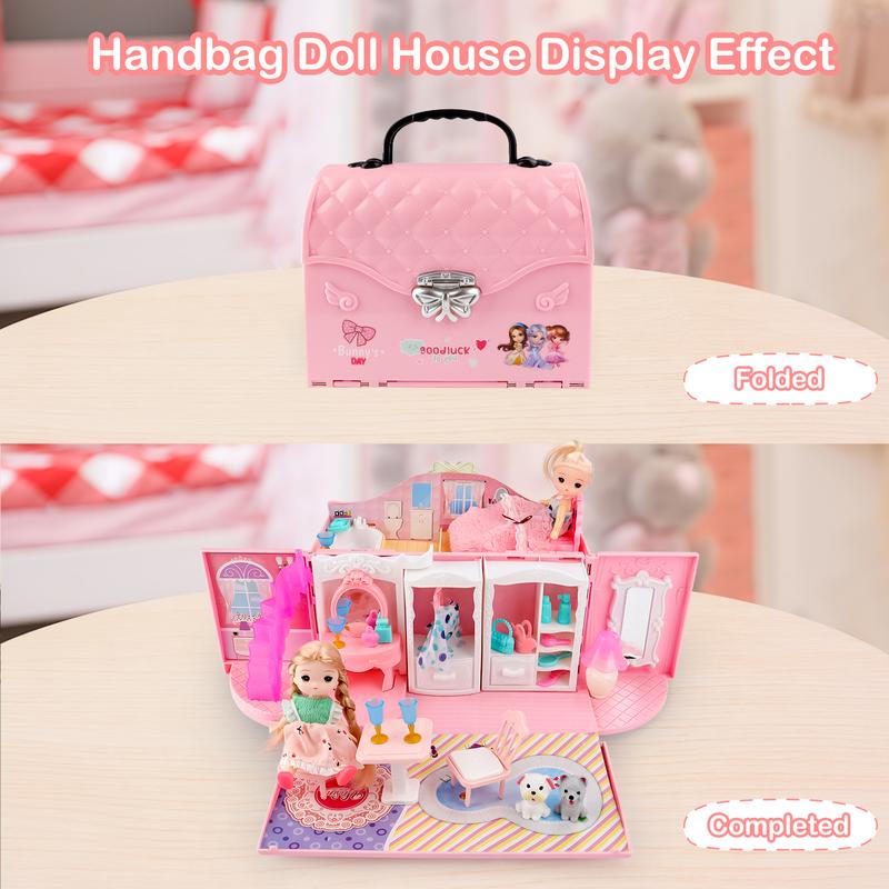 deAO Dollhouse Playset Portable Dollhouse Toy Pretend Playhouse with Furniture & Figures 2 in 1 Playhouse Set Birthday Gifts
