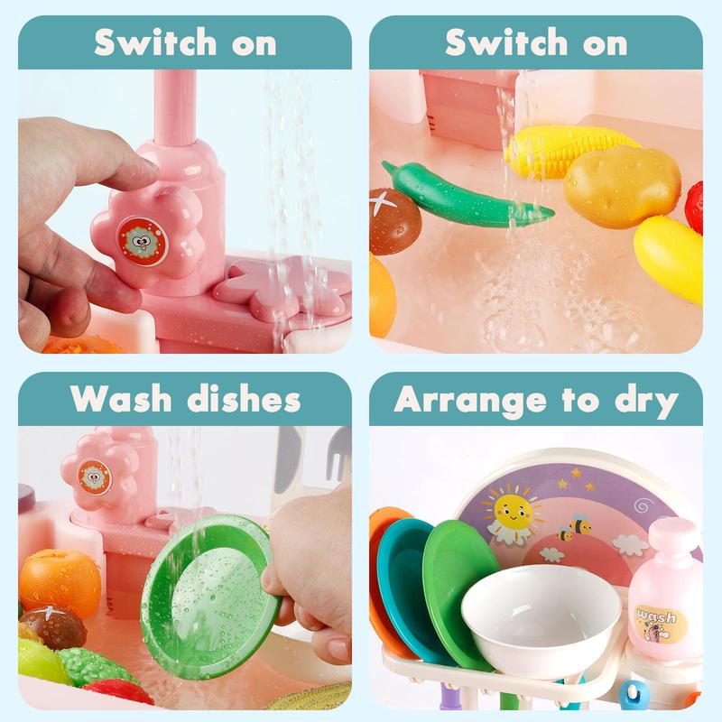 Play Kitchen Sink Toy Set with Running Water, Interactive Pretend Play Dishes, Realistic Role Play Kitchen Accessories, Toys for Kids